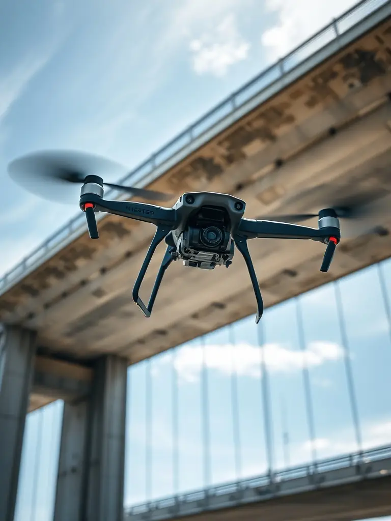 A high-resolution image of a drone inspecting a bridge, showcasing the use of Navius Systems' technology in infrastructure inspection. The drone is equipped with sensors, and the bridge structure is clearly visible.