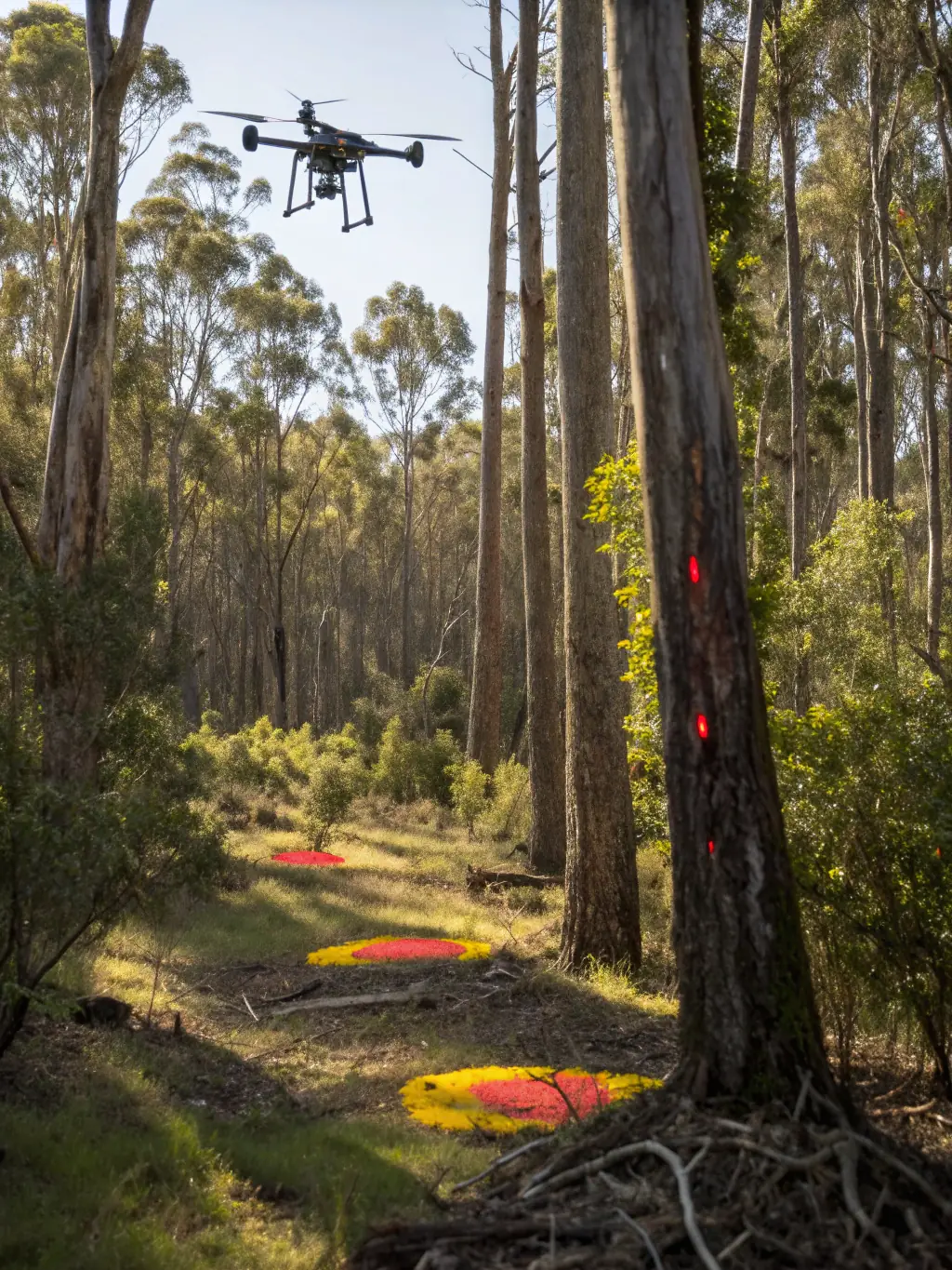 An aerial view of a drone monitoring air quality over a forest, illustrating Navius Systems' contribution to environmental monitoring. The drone is equipped with specialized sensors.
