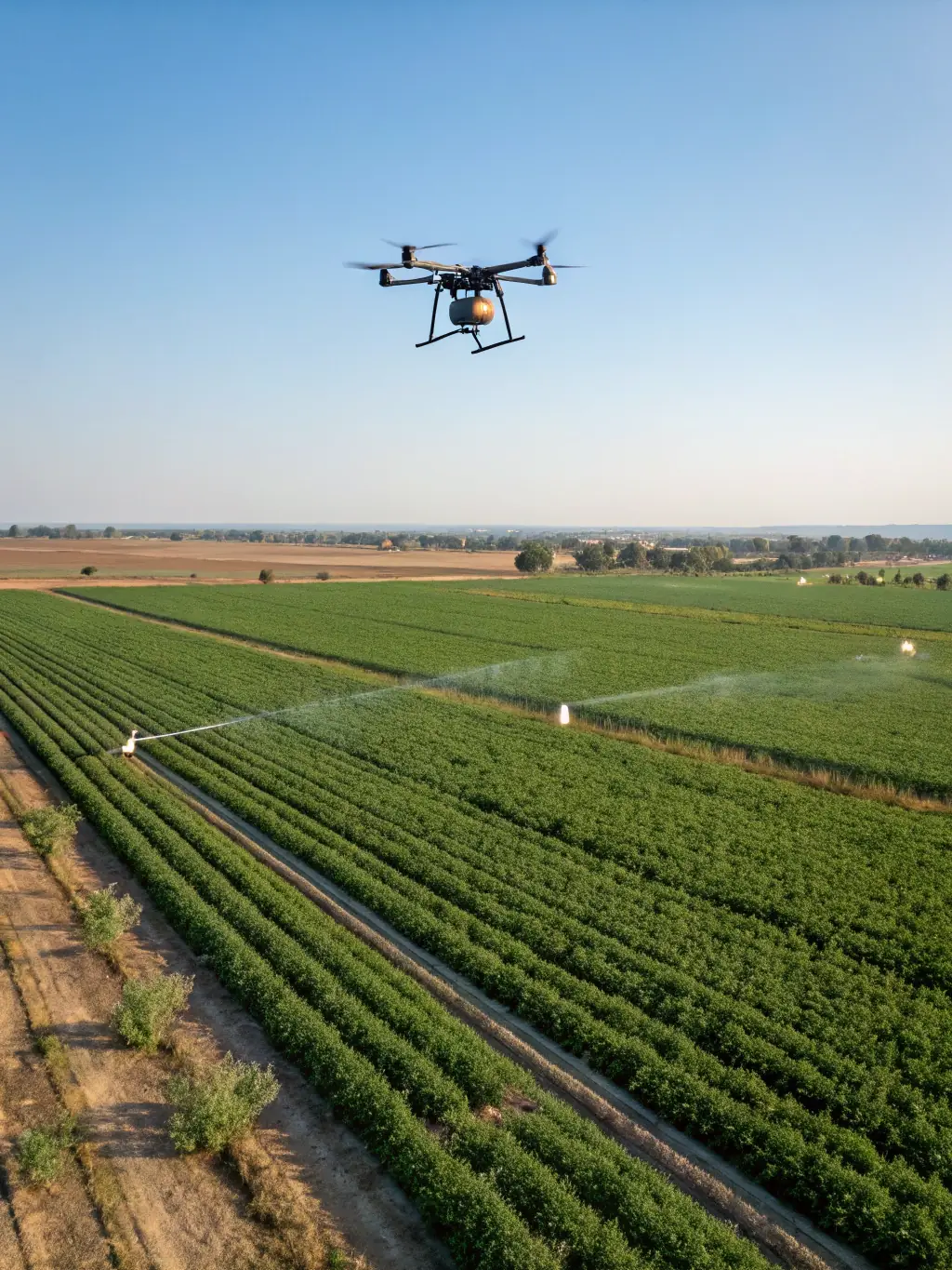 A drone flying over a large agricultural field, capturing data for precision agriculture. The image highlights the drone's ability to monitor crop health and optimize farming practices.